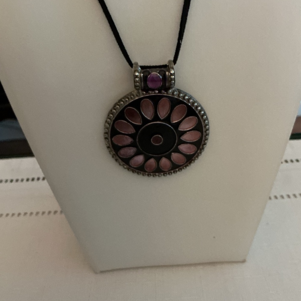 Rose Enamel Medallion Silver Tone Pendant Necklace